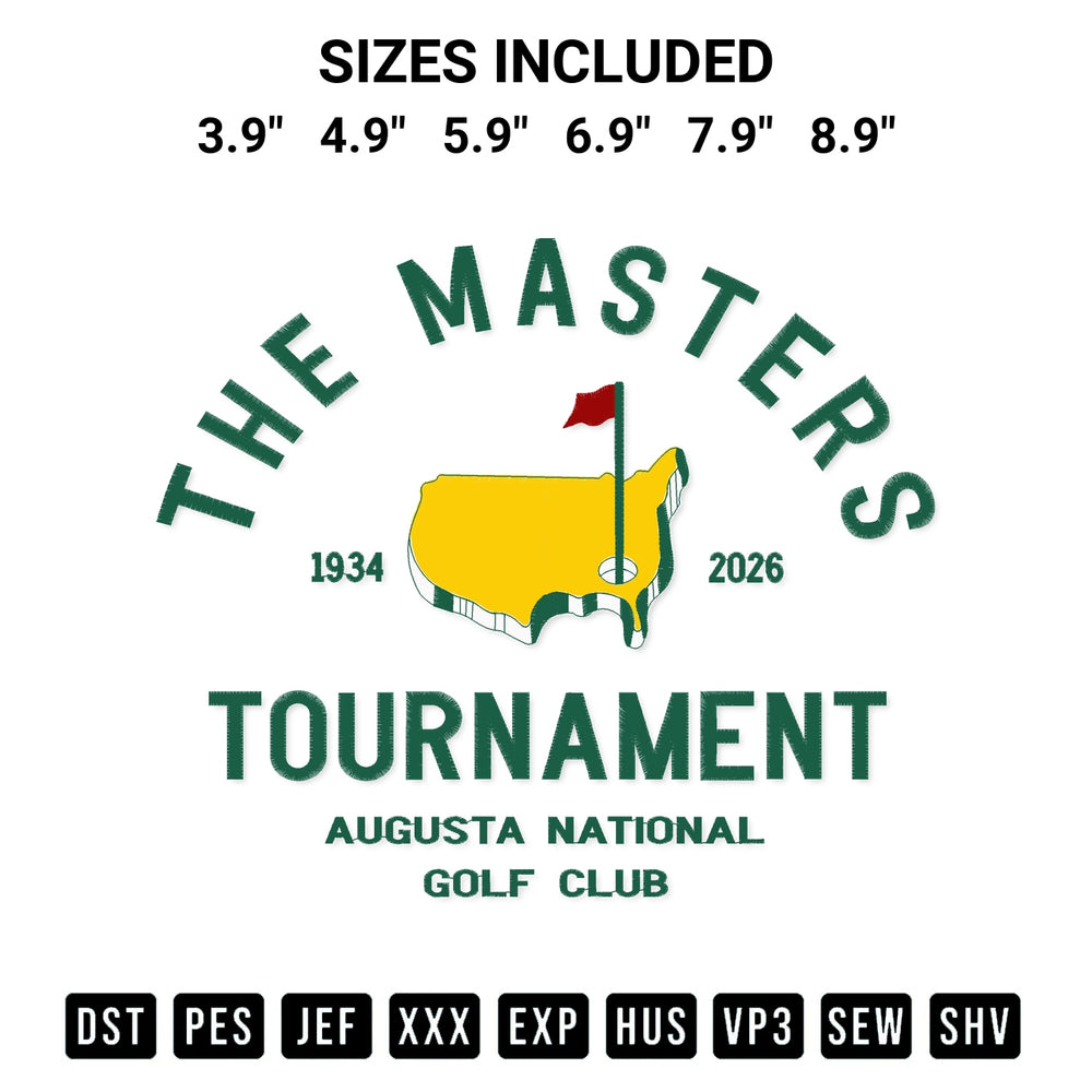 Create amazing crafts with the The Masters Tournament Augusta National Golf Club Embroidery Design embroidery file. High-quality digital download from Designspacks.com, perfect for beginners and pros. Available sizes: 3.9", 4.9", 5.9", 6.9", 7.9", 8.9".