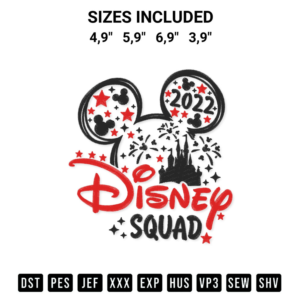 Get the Mickey Disney Squad 2022 Logo Embroidery Design embroidery design for your custom crafts! Premium digitized files available for instant download at Designspacks.com. Available sizes: 4,9", 5,9", 6,9", 3,9".