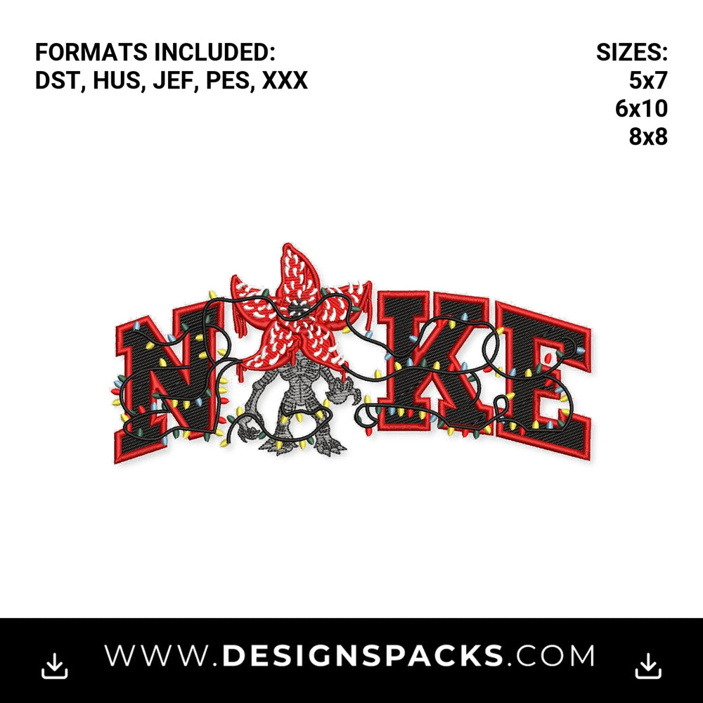 Demogorgon Nike Christmas Lights Embroidery Design - Instant digital download pattern at Designspacks.com