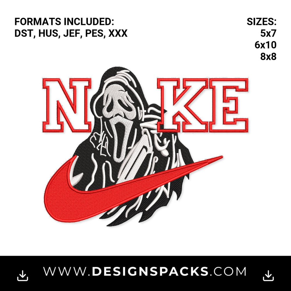Ghostface Scream Nike Swoosh Embroidery Design - Instant digital download pattern at Designspacks.com