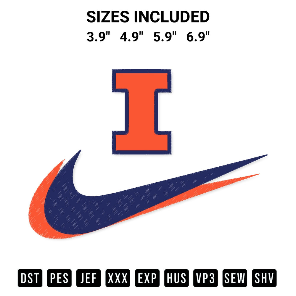 Transform your fabrics with the Illinois Fighting Illini Swoosh Embroidery Design embroidery design. Instant access to premium digitized patterns at Designspacks.com. Available sizes: 3.9", 4.9", 5.9", 6.9".
