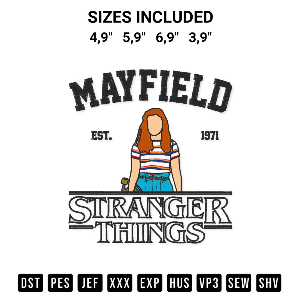 Transform your fabrics with the Max Mayfield Stranger Things Logo Embroidery Design embroidery design. Instant access to premium digitized patterns at Designspacks.com. Available sizes: 4,9", 5,9", 6,9", 3,9".