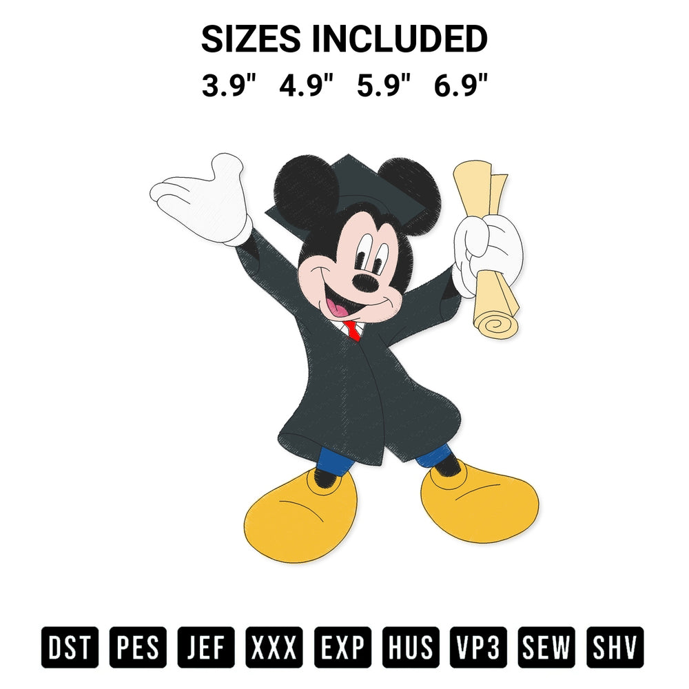 Download the Graduation Mickey Mouse Embroidery Design machine embroidery design exclusively at Designspacks.com. Premium digitized pattern for apparel and DIY crafts. Available sizes: 3.9", 4.9", 5.9", 6.9".