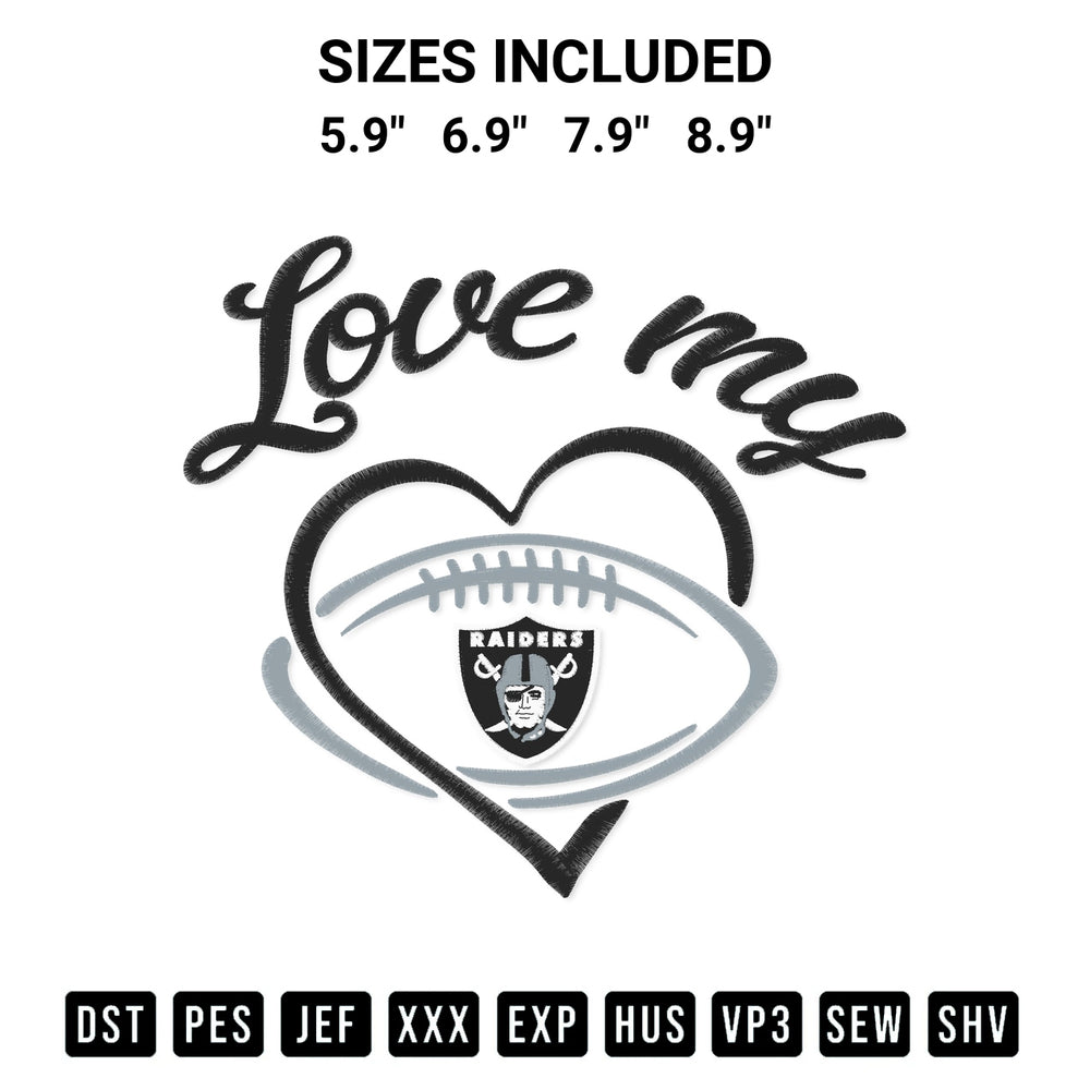 Create amazing crafts with the Love My Las Vegas Raiders Embroidery Design embroidery file. High-quality digital download from Designspacks.com, perfect for beginners and pros. Available sizes: 5.9", 6.9", 7.9", 8.9".