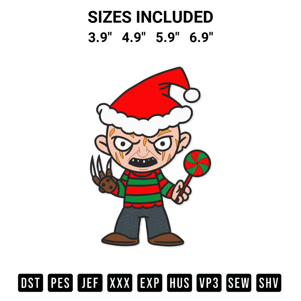 Create amazing crafts with the Chibi Freddy Krueger Christmas Embroidery Design embroidery file. High-quality digital download from Designspacks.com, perfect for beginners and pros. Available sizes: 3.9", 4.9", 5.9", 6.9".