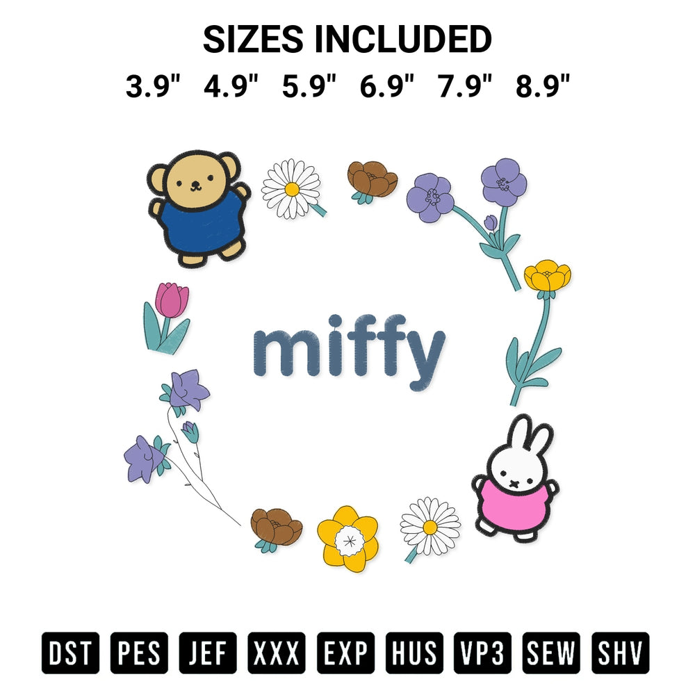 Add a unique touch to your apparel with the Miffy Floral Wreath Cute Embroidery Design embroidery file. Premium instant download available now on Designspacks.com. Available sizes: 3.9", 4.9", 5.9", 6.9", 7.9", 8.9".