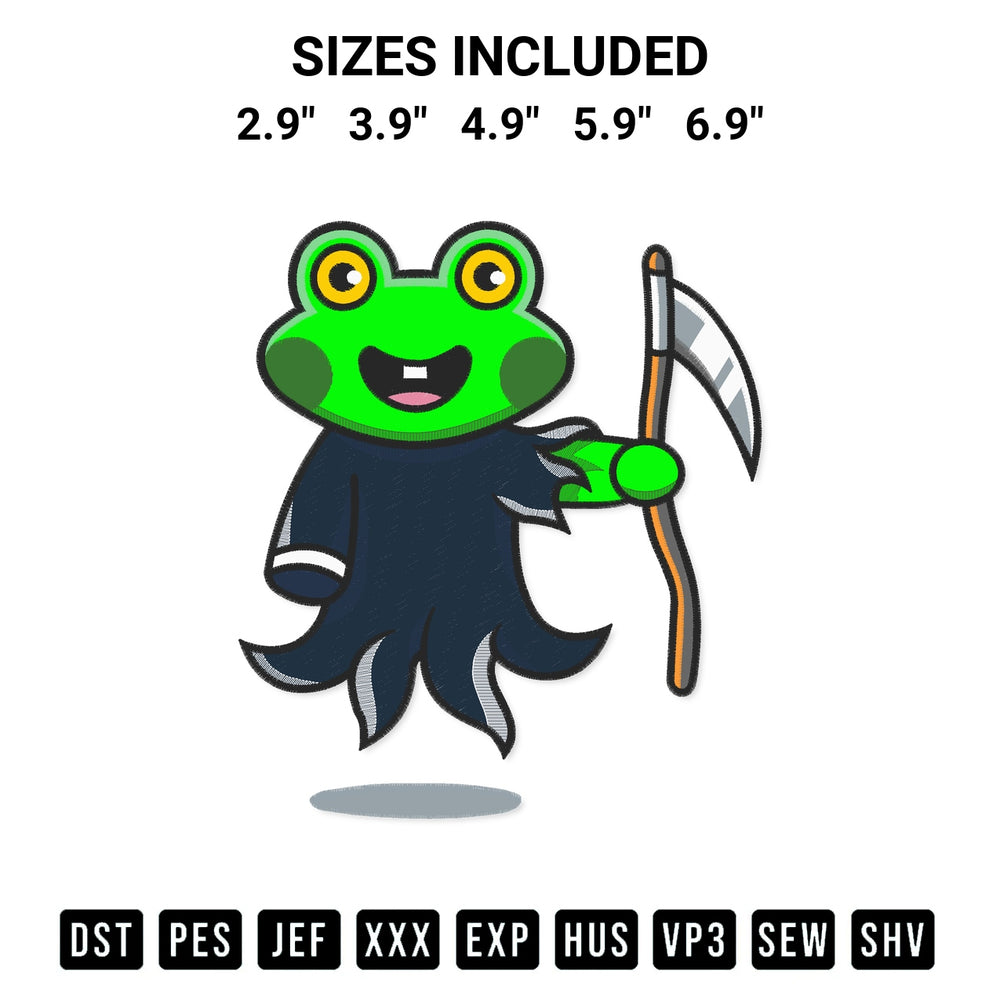 Download the Grim Reaper Frog Embroidery Design machine embroidery design exclusively at Designspacks.com. Premium digitized pattern for apparel and DIY crafts. Available sizes: 2.9", 3.9", 4.9", 5.9", 6.9".