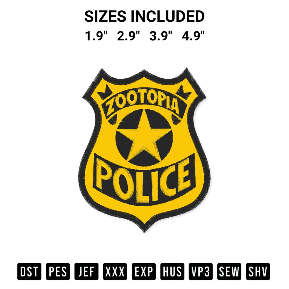 Stitch like a pro with the Zootopia Police Badge Embroidery Design embroidery pattern from Designspacks.com. High-quality digital machine embroidery file. Available sizes: 1.9", 2.9", 3.9", 4.9".
