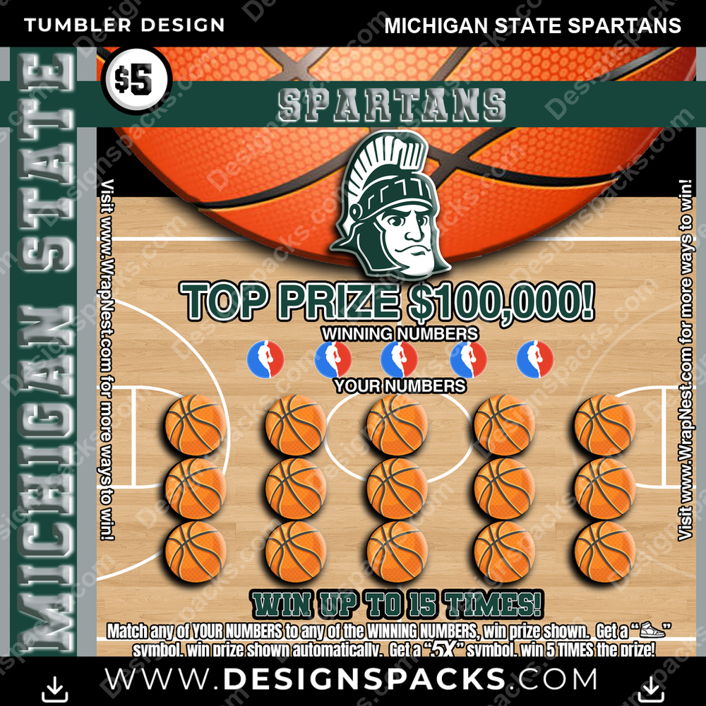 College Sport Lottery Ticket (BASKETBALL) Michigan State Spartans Tumbler Digital Wrap Design
