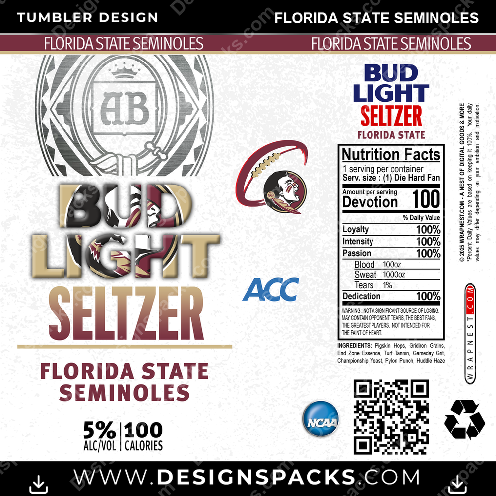 College Sport Bud Light Seltzer Florida State Seminoles NCAA College Sport Tumbler Digital Wrap Design Download