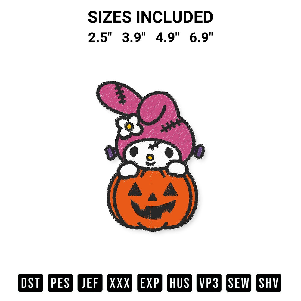 Transform your fabrics with the My Melody Pumpkin Embroidery Design embroidery design. Instant access to premium digitized patterns at Designspacks.com. Available sizes: 2.5", 3.9", 4.9", 6.9".
