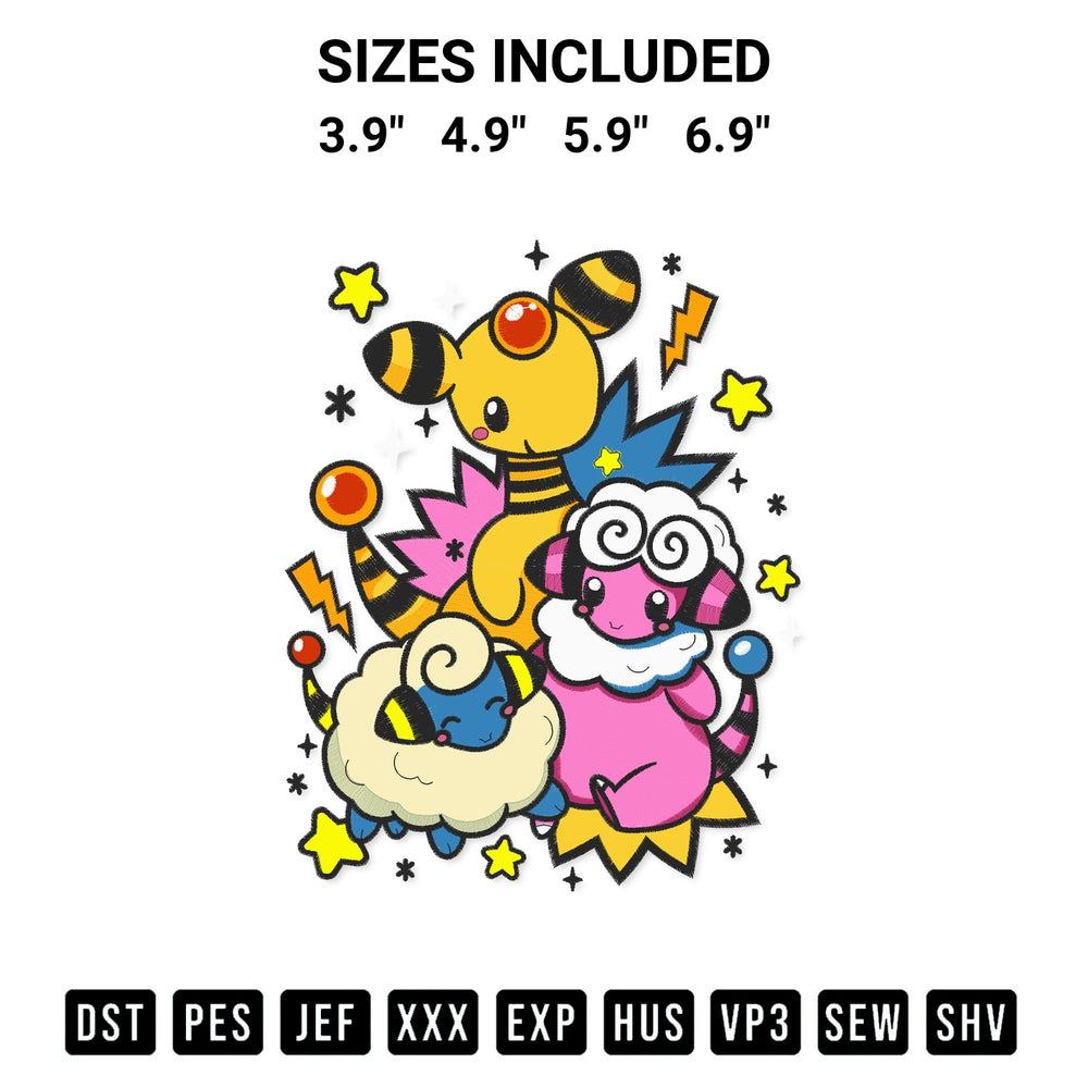 Shop the Mareep With Ampharos And Flaaffy Embroidery Design machine embroidery pattern at Designspacks.com. Beautifully digitized for flawless stitching on any fabric. Available sizes: 3.9", 4.9", 5.9", 6.9".