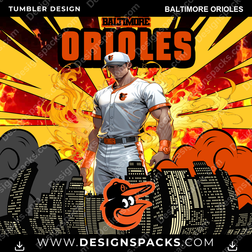 Diseño de Envoltura Digital de Vaso de Béisbol Cómic Baltimore Orioles