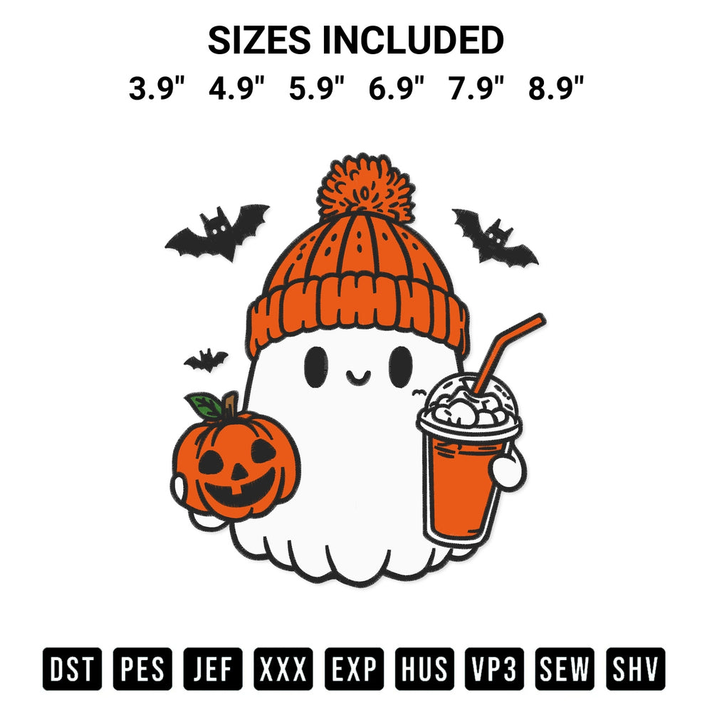Get the Cute Ghost With Coffee And Pumpkin Embroidery Design embroidery design for your custom crafts! Premium digitized files available for instant download at Designspacks.com. Available sizes: 3.9", 4.9", 5.9", 6.9", 7.9", 8.9".