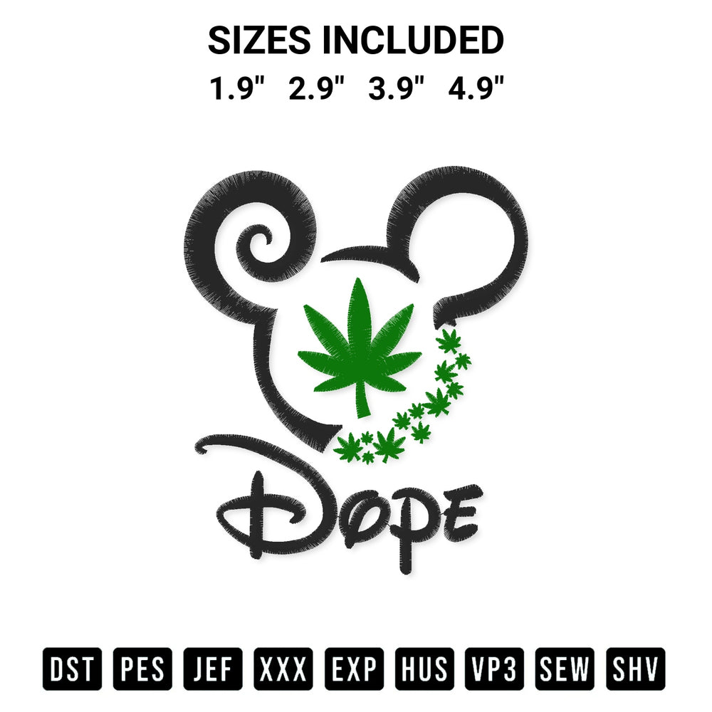 Transform your fabrics with the Dope Mouse Head Cannabis Embroidery Design embroidery design. Instant access to premium digitized patterns at Designspacks.com. Available sizes: 1.9", 2.9", 3.9", 4.9".