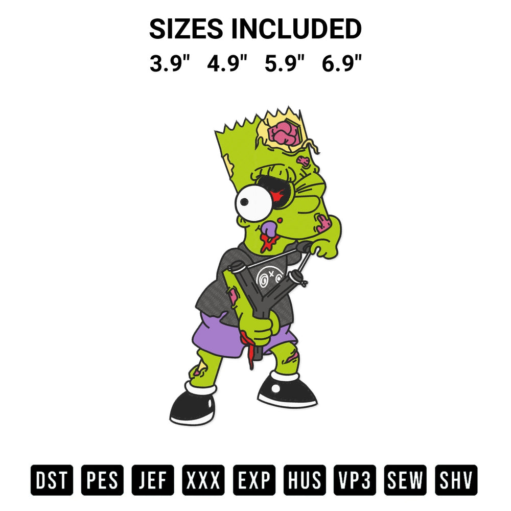 Elevate your next project with our Zombie Bart Simpsons Embroidery Design embroidery file. Shop high-quality digital patterns instantly at Designspacks.com. Available sizes: 3.9", 4.9", 5.9", 6.9".