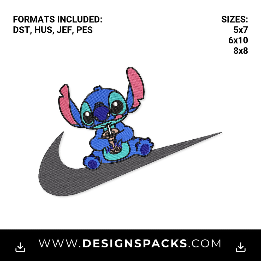 Stitch Drinking Boba on Swoosh Embroidery Design - Instant digital download pattern at Designspacks.com