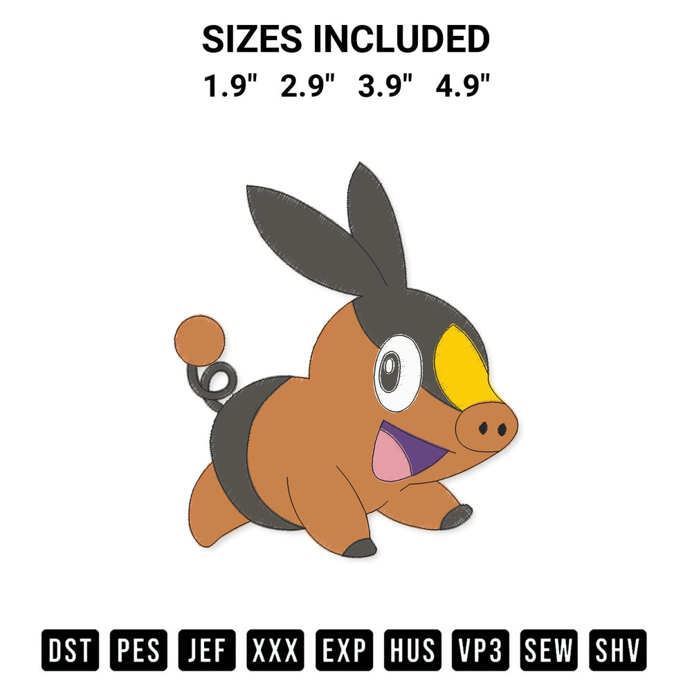 Discover the perfect addition to your crafting collection: Tepig Pokemon Embroidery Design embroidery file. Instantly available at Designspacks.com. Available sizes: 1.9", 2.9", 3.9", 4.9".