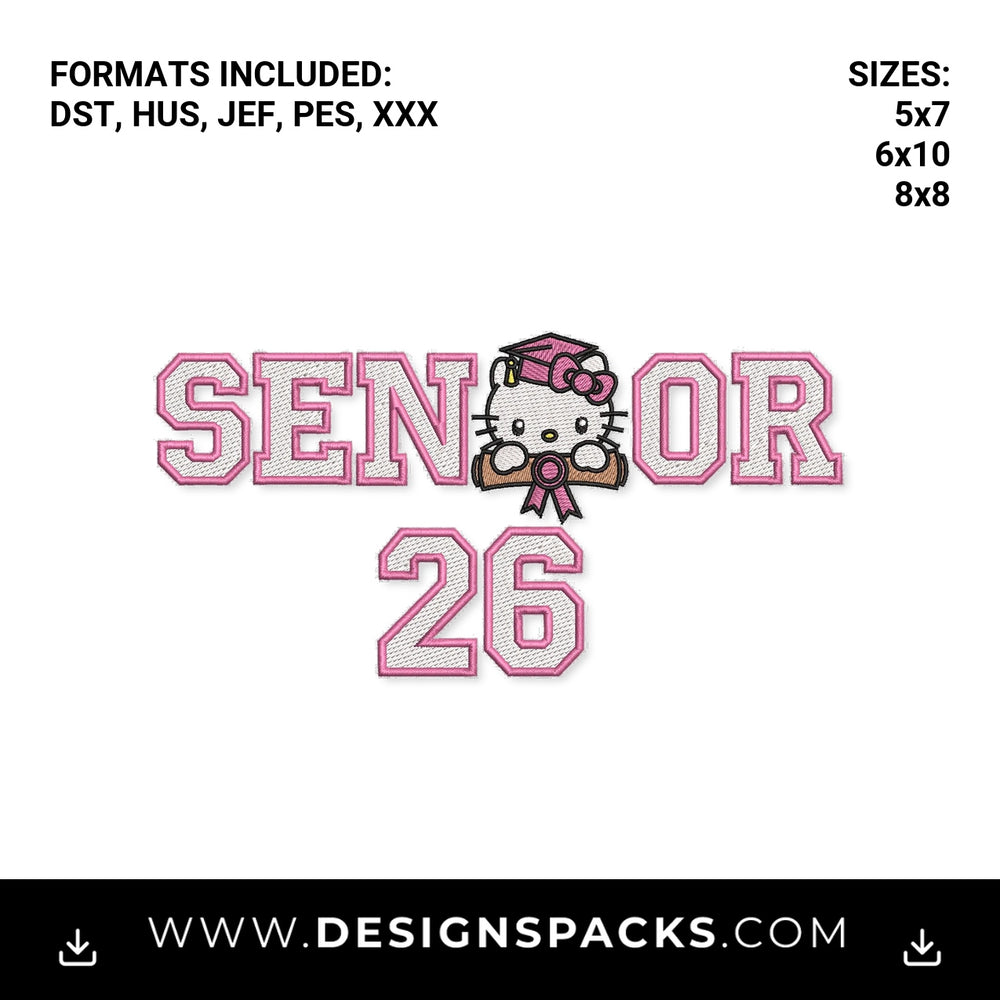 Senior 2026 Pink Graduation Kitty Embroidery Design - Instant digital download pattern at Designspacks.com