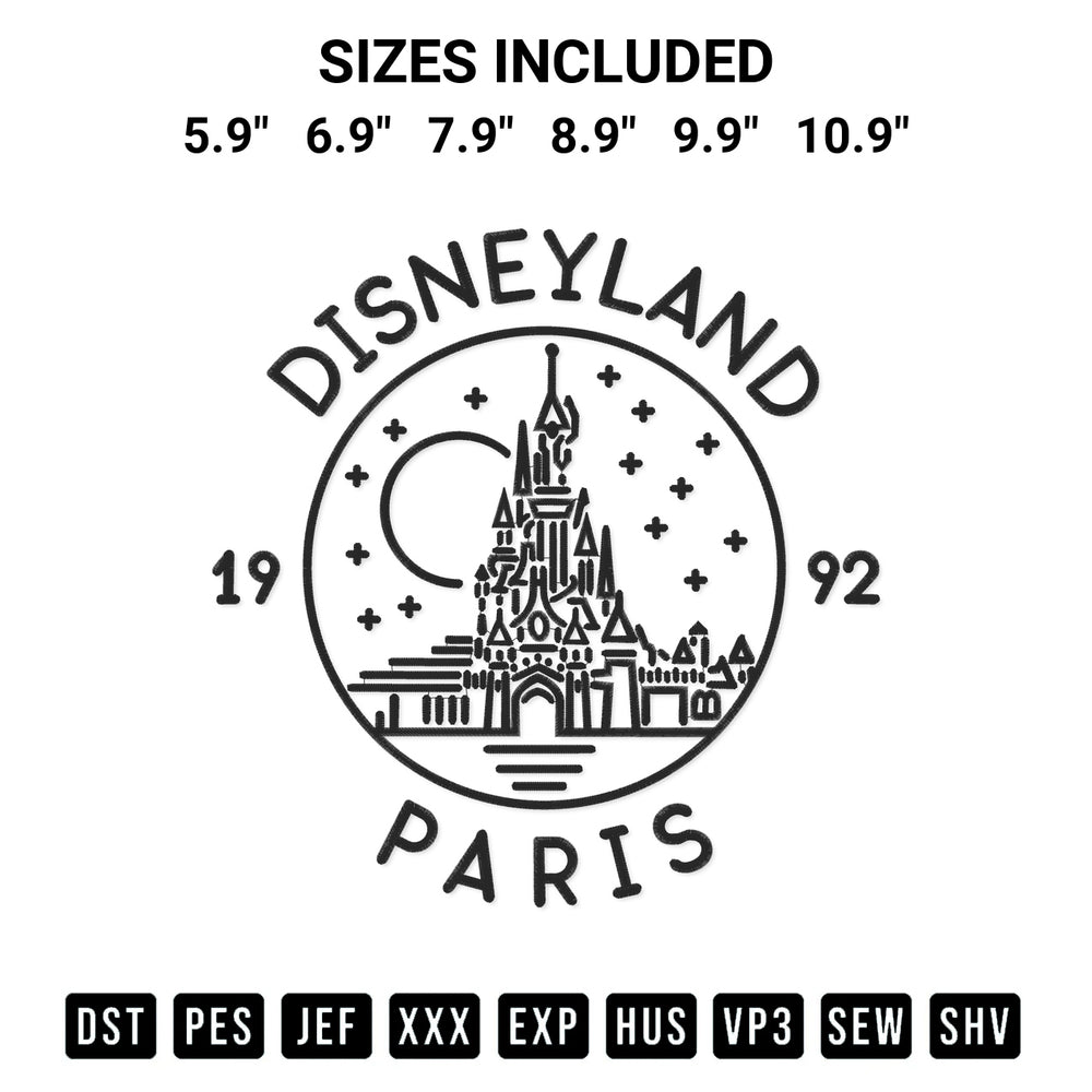 Stitch like a pro with the Disneyland Paris 1922 Embroidery Design embroidery pattern from Designspacks.com. High-quality digital machine embroidery file. Available sizes: 5.9", 6.9", 7.9", 8.9", 9.9", 10.9".