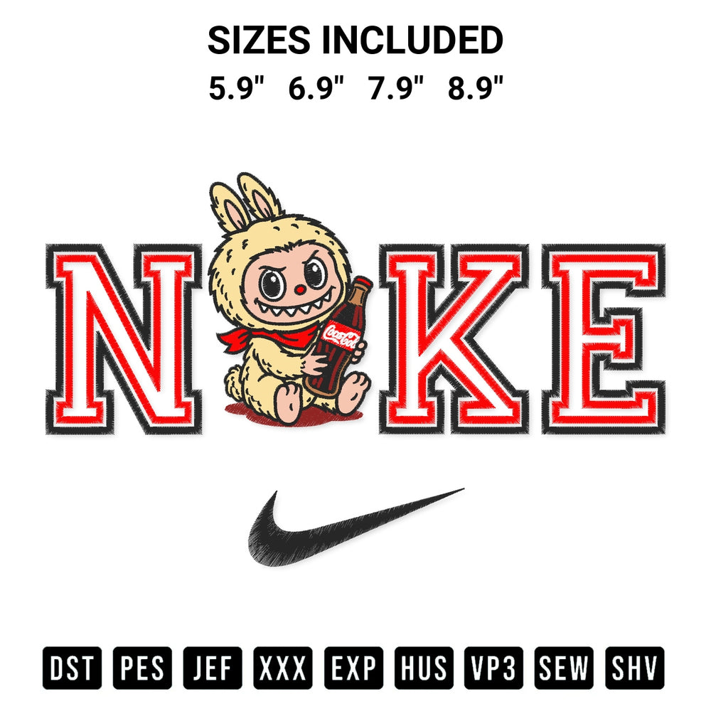Add a unique touch to your apparel with the Nike Labubu Coca Cola Embroidery Design embroidery file. Premium instant download available now on Designspacks.com. Available sizes: 5.9", 6.9", 7.9", 8.9".