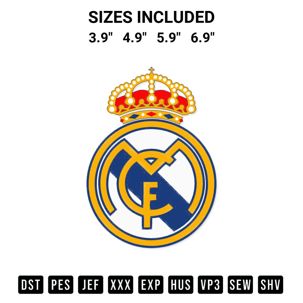 Discover the perfect addition to your crafting collection: Fc Real Madrid Logo Embroidery Design embroidery file. Instantly available at Designspacks.com. Available sizes: 3.9", 4.9", 5.9", 6.9".
