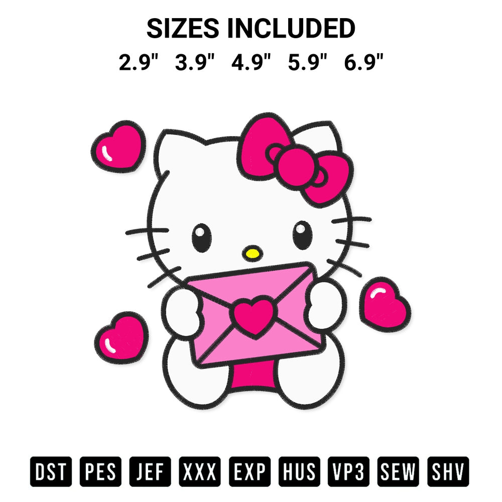 Create amazing crafts with the Hello Kitty Letter Heart Embroidery Design embroidery file. High-quality digital download from Designspacks.com, perfect for beginners and pros. Available sizes: 2.9", 3.9", 4.9", 5.9", 6.9".