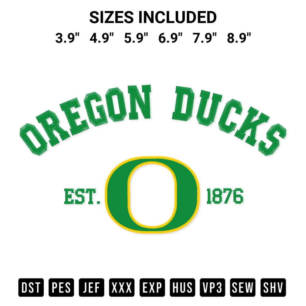 Stitch like a pro with the Oregon Ducks Est 1876 Embroidery Design embroidery pattern from Designspacks.com. High-quality digital machine embroidery file. Available sizes: 3.9", 4.9", 5.9", 6.9", 7.9", 8.9".