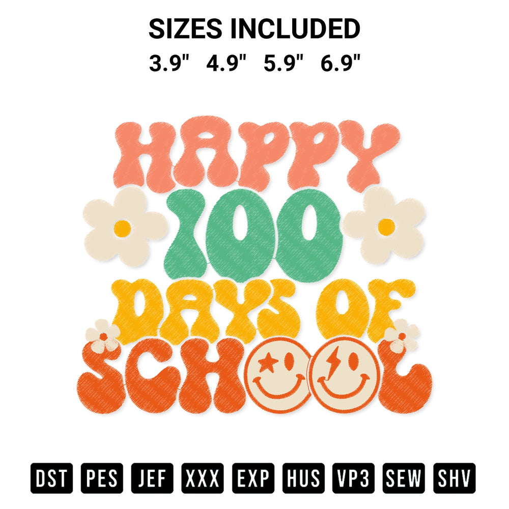 Get the Retro Groovy Happy 100 Days Of School Teacher Kids Gift Embroidery Design embroidery design for your custom crafts! Premium digitized files available for instant download at Designspacks.com. Available sizes: 3.9", 4.9", 5.9", 6.9".