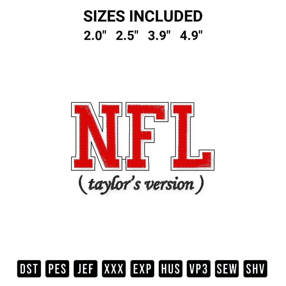 Download the Taylors Version Nfl Embroidery Design machine embroidery design exclusively at Designspacks.com. Premium digitized pattern for apparel and DIY crafts. Available sizes: 2.0", 2.5", 3.9", 4.9".