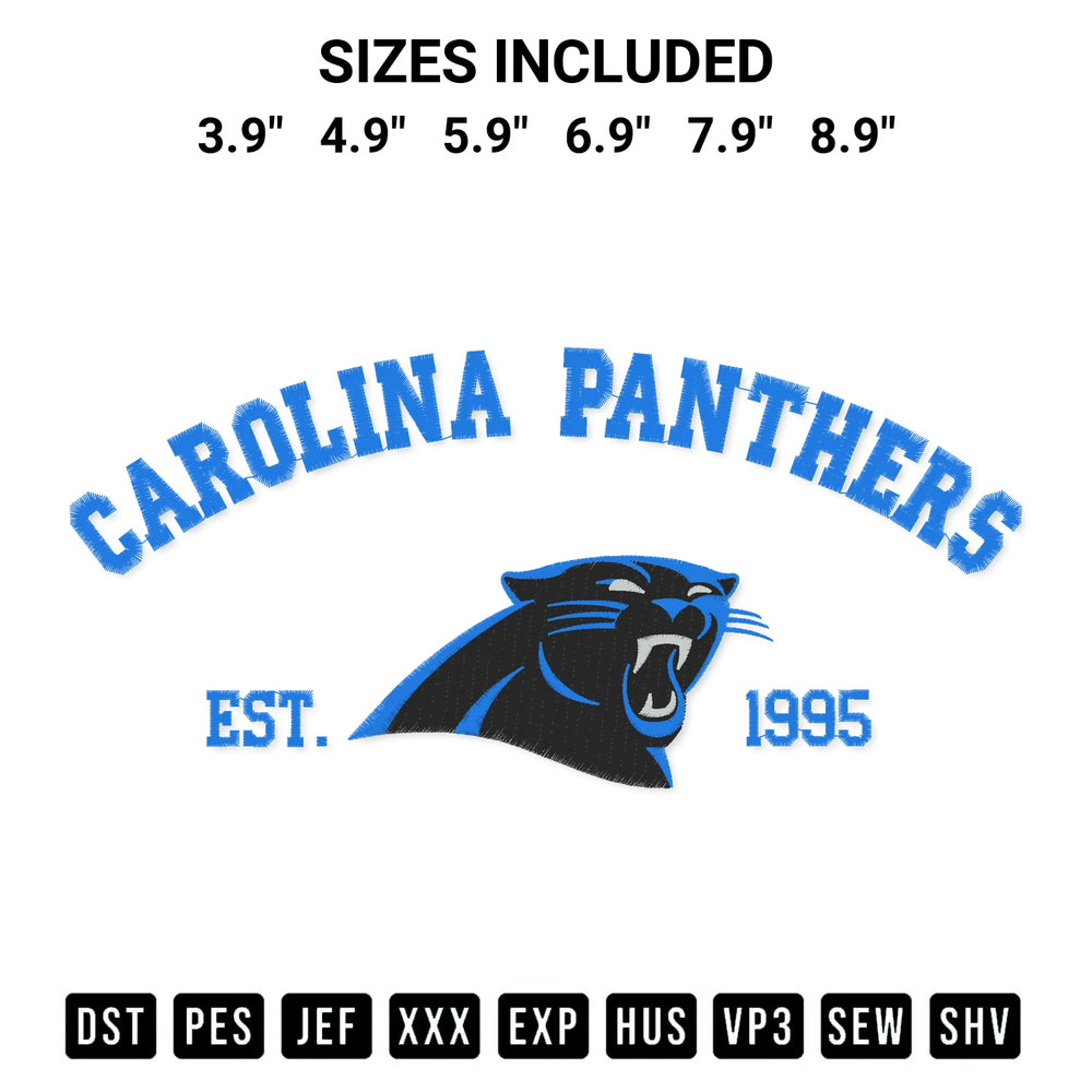 Discover the perfect addition to your crafting collection: Carolina Panthers Est 1995 Embroidery Design embroidery file. Instantly available at Designspacks.com. Available sizes: 3.9", 4.9", 5.9", 6.9", 7.9", 8.9".