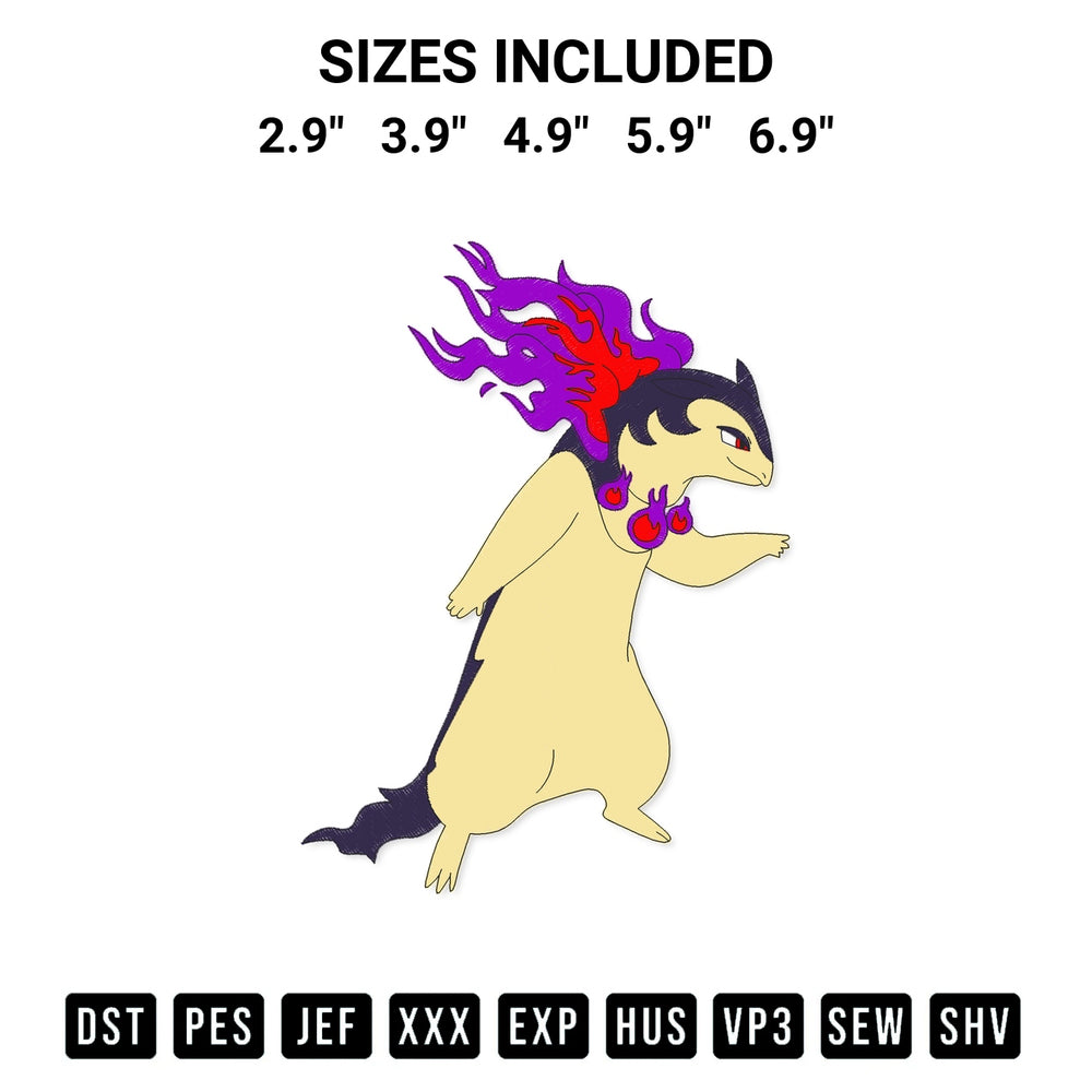 Add a unique touch to your apparel with the Typhlosion Hisui Embroidery Design embroidery file. Premium instant download available now on Designspacks.com. Available sizes: 2.9", 3.9", 4.9", 5.9", 6.9".