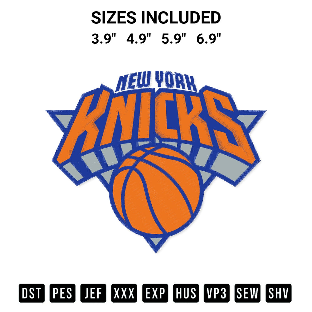 Shop the New York Knicks Logo Embroidery Design machine embroidery pattern at Designspacks.com. Beautifully digitized for flawless stitching on any fabric. Available sizes: 3.9", 4.9", 5.9", 6.9".
