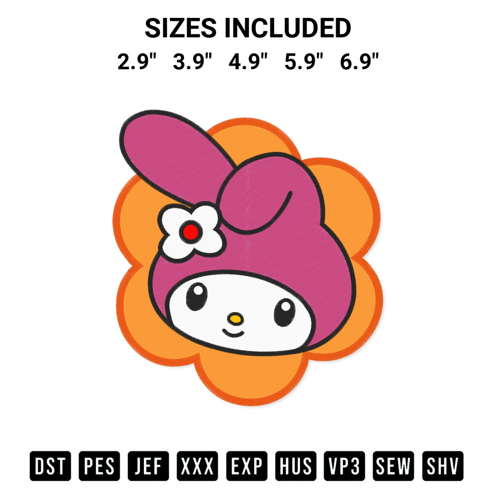 Shop the Flower My Melody Face Embroidery Design machine embroidery pattern at Designspacks.com. Beautifully digitized for flawless stitching on any fabric. Available sizes: 2.9", 3.9", 4.9", 5.9", 6.9".