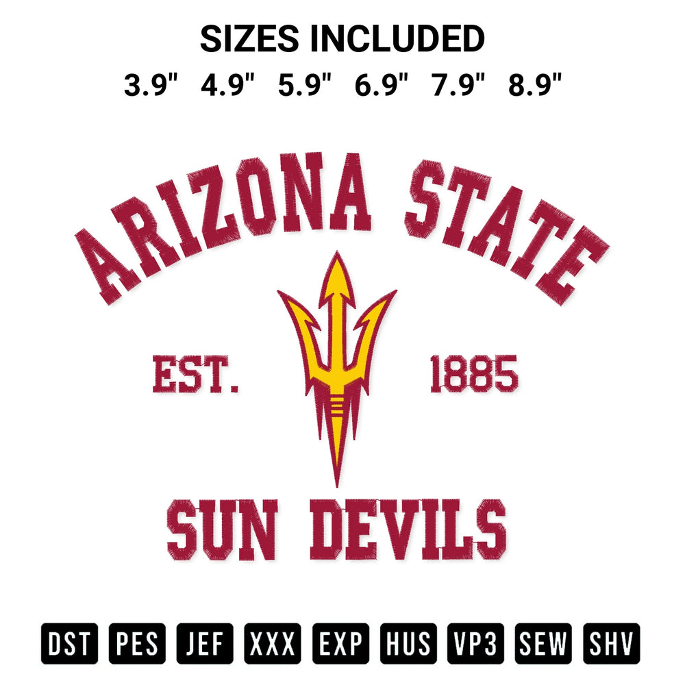 Transform your fabrics with the Arizona State Sun Devils Est 1885 Embroidery Design embroidery design. Instant access to premium digitized patterns at Designspacks.com. Available sizes: 3.9", 4.9", 5.9", 6.9", 7.9", 8.9".