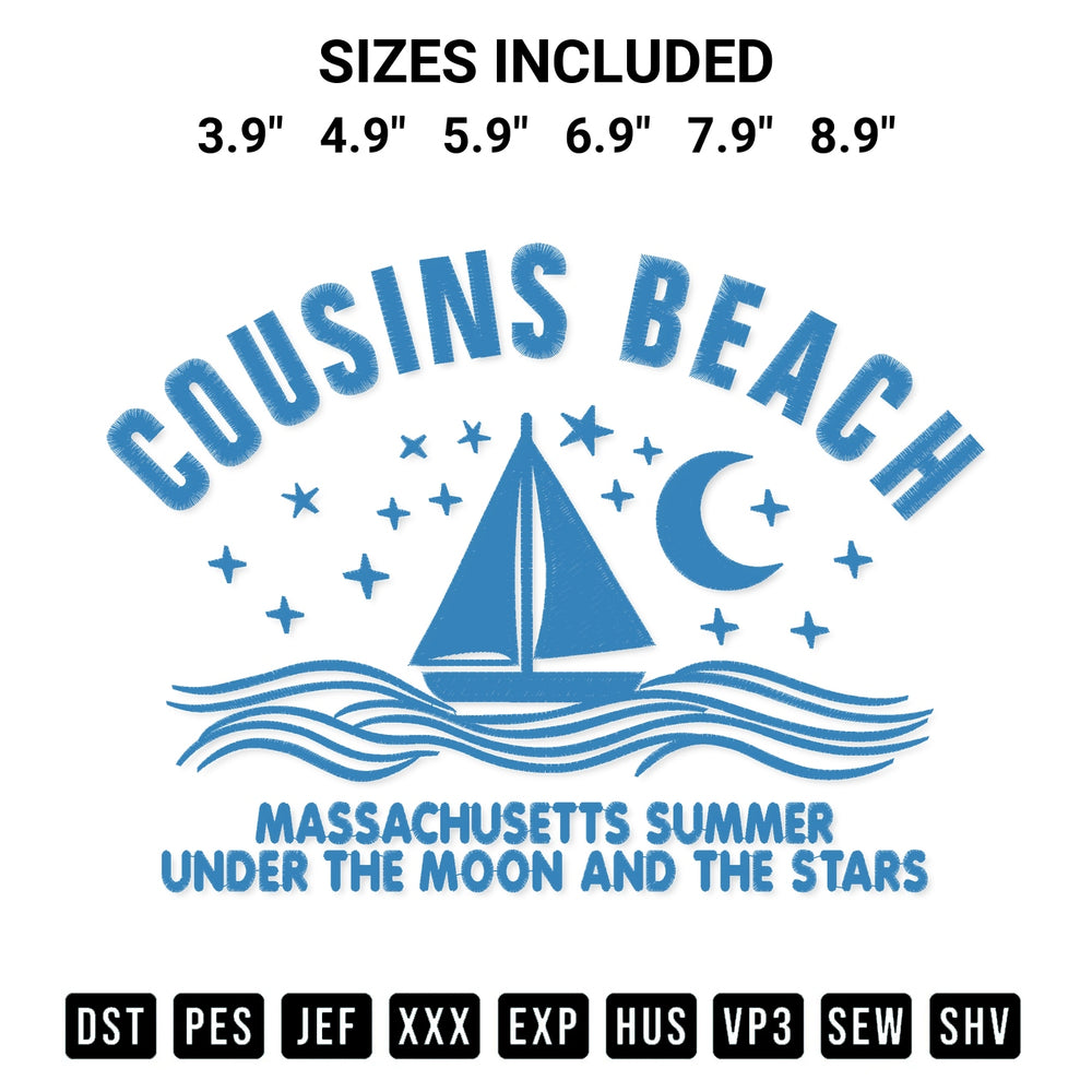 Add a unique touch to your apparel with the Cousins Beach Massachusetts Summer Under The Moon And The Stars Embroidery Design embroidery file. Premium instant download available now on Designspacks.com. Available sizes: 3.9", 4.9", 5.9", 6.9", 7.9", 8.9".