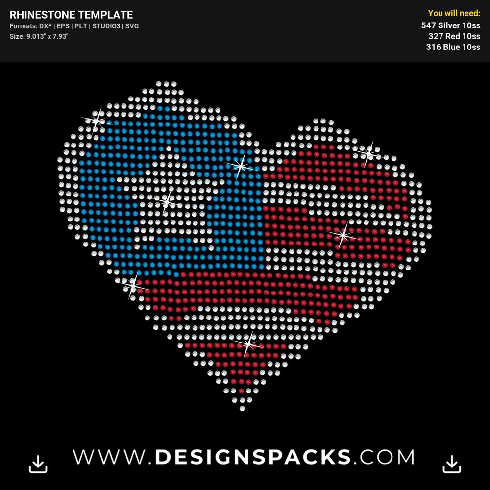 Heart USA Flag Patriotic V2 Rhinestone Digital Template
