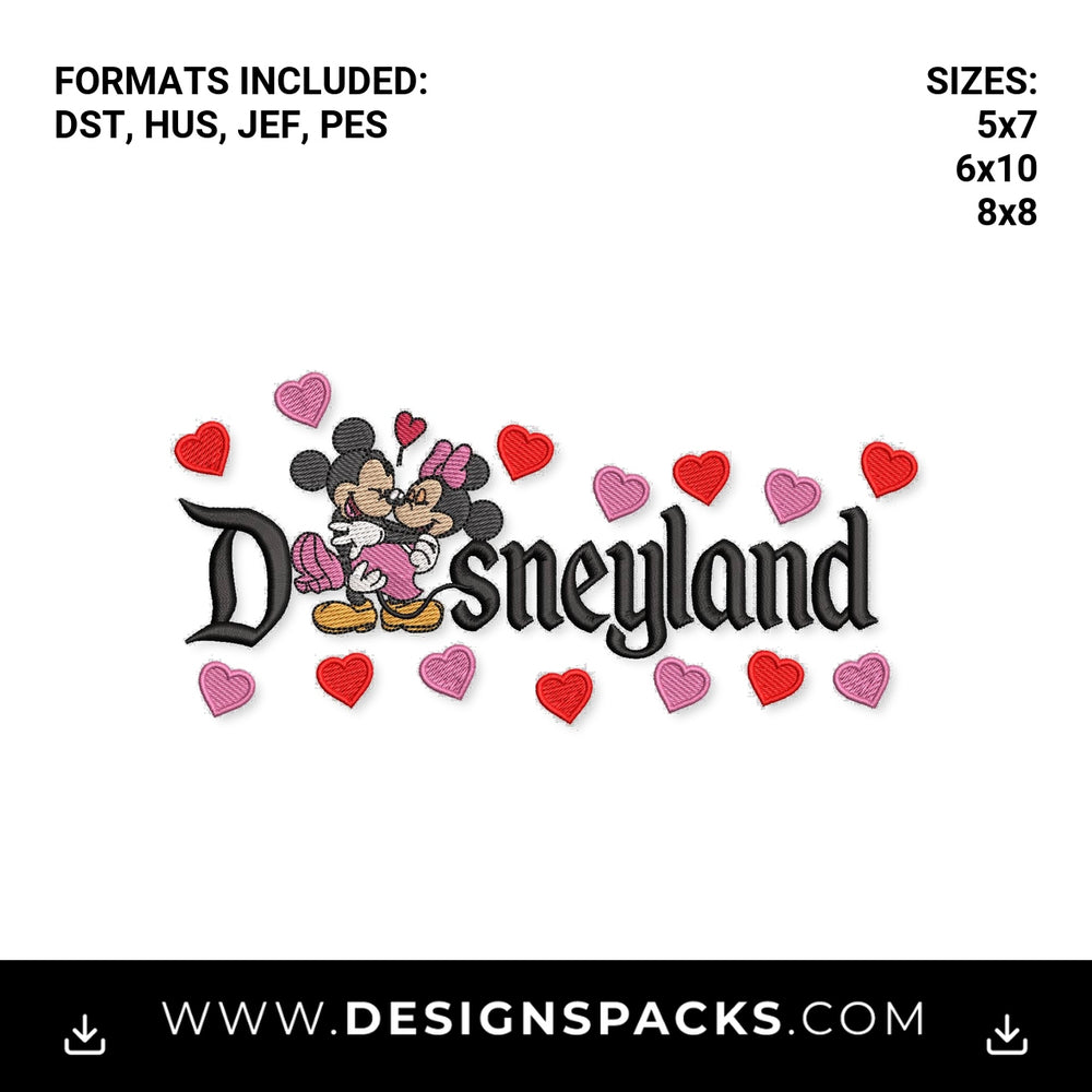 Disneyland Mickey Minnie Kissing Hearts Embroidery Design - Instant digital download pattern at Designspacks.com