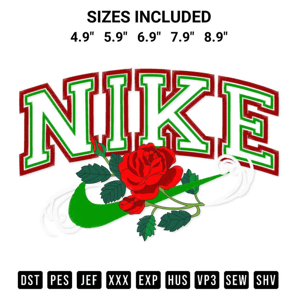 Transform your fabrics with the Nike Swoosh Rose Flower Embroidery Design embroidery design. Instant access to premium digitized patterns at Designspacks.com. Available sizes: 4.9", 5.9", 6.9", 7.9", 8.9".