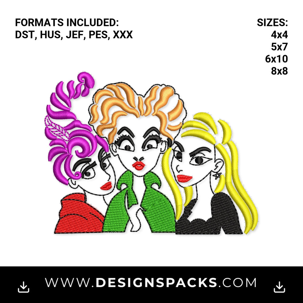 Hocus Pocus Sanderson Sisters Trio Embroidery Design - Instant digital download pattern at Designspacks.com