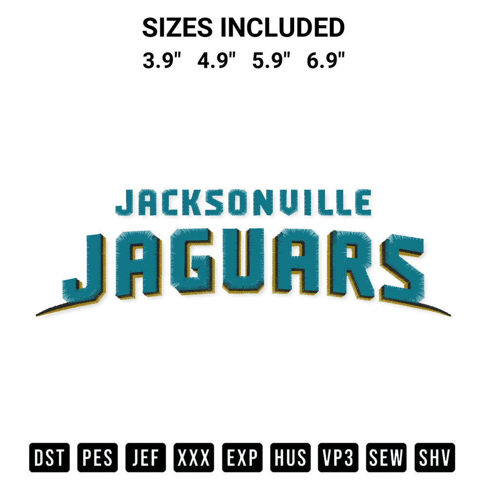 Create amazing crafts with the Jacksonville Jaguars Wordmark Embroidery Design embroidery file. High-quality digital download from Designspacks.com, perfect for beginners and pros. Available sizes: 3.9", 4.9", 5.9", 6.9".