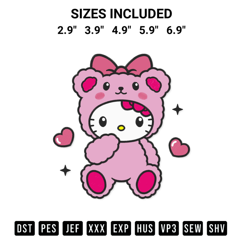 Discover the perfect addition to your crafting collection: Hello Kitty Teddy Bear Embroidery Design embroidery file. Instantly available at Designspacks.com. Available sizes: 2.9", 3.9", 4.9", 5.9", 6.9".