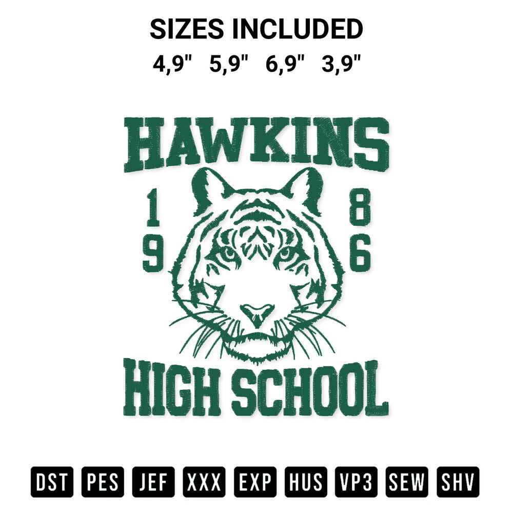 Download the Hawkins High School 1986 Hawkins Tigers Stranger Things Logo Embroidery Design machine embroidery design exclusively at Designspacks.com. Premium digitized pattern for apparel and DIY crafts. Available sizes: 4,9", 5,9", 6,9", 3,9".