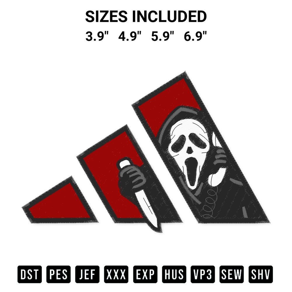 Elevate your next project with our Ghostface Halloween X Adidas Embroidery Design embroidery file. Shop high-quality digital patterns instantly at Designspacks.com. Available sizes: 3.9", 4.9", 5.9", 6.9".