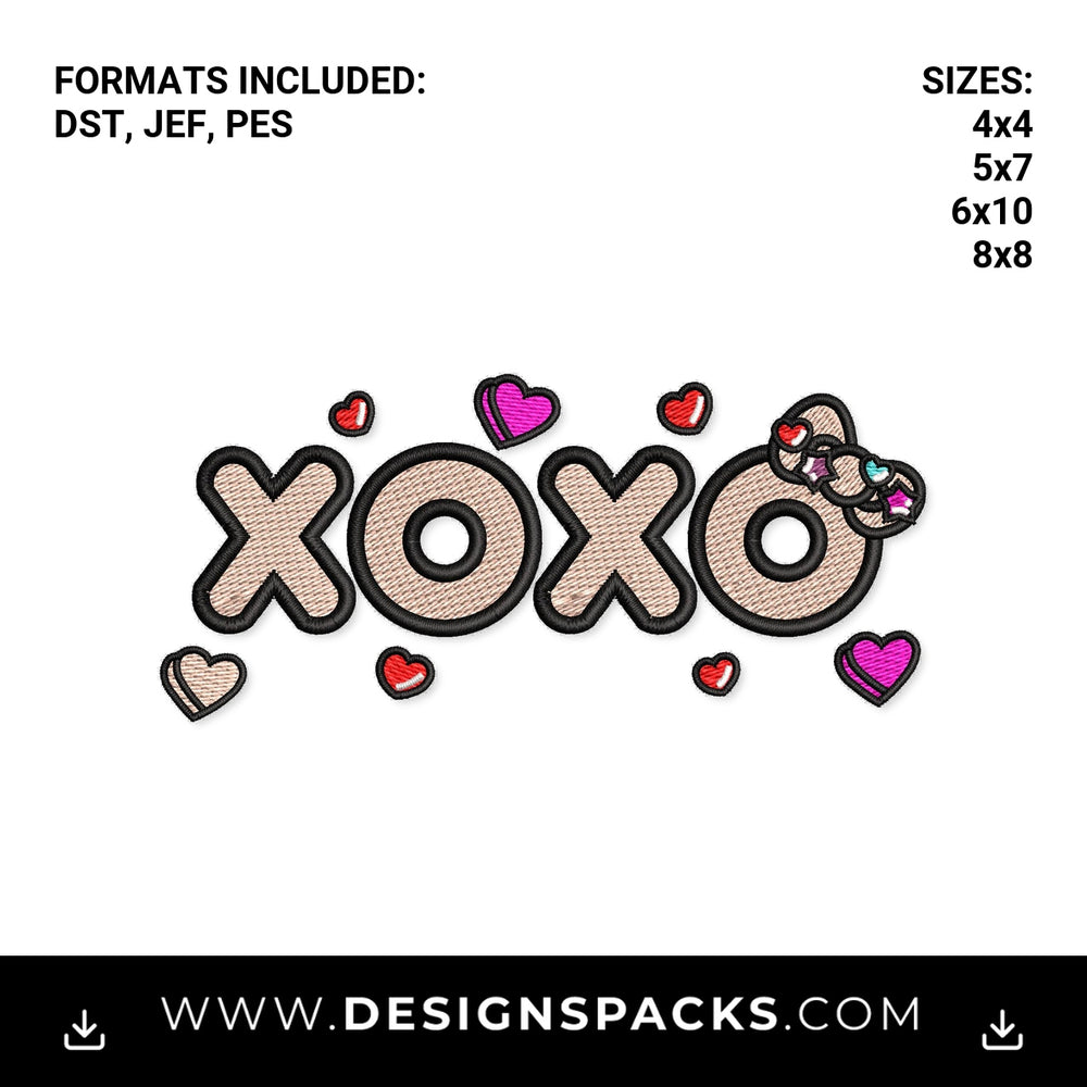 XOXO Valentine Hearts & Bow Applique Embroidery Design - Instant digital download pattern at Designspacks.com