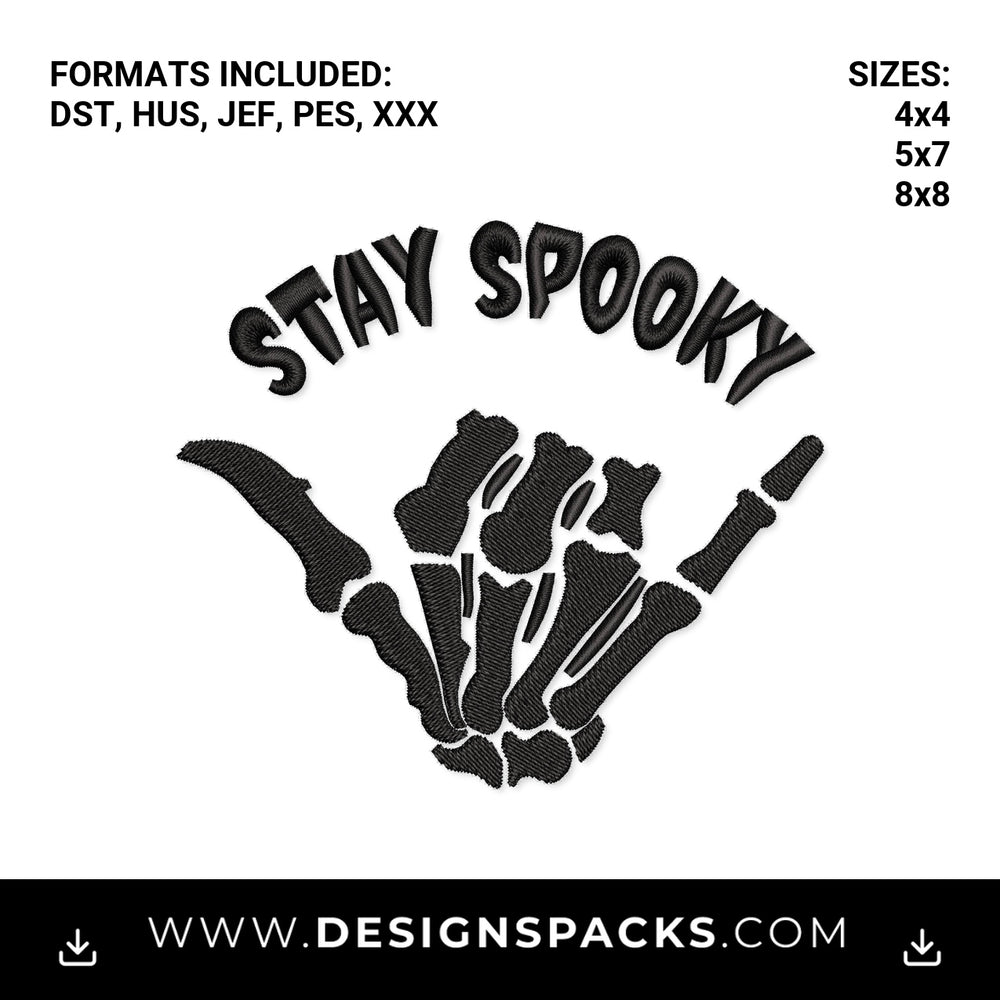 Stay Spooky Skeleton Shaka Hand Embroidery Design - Instant digital download pattern at Designspacks.com