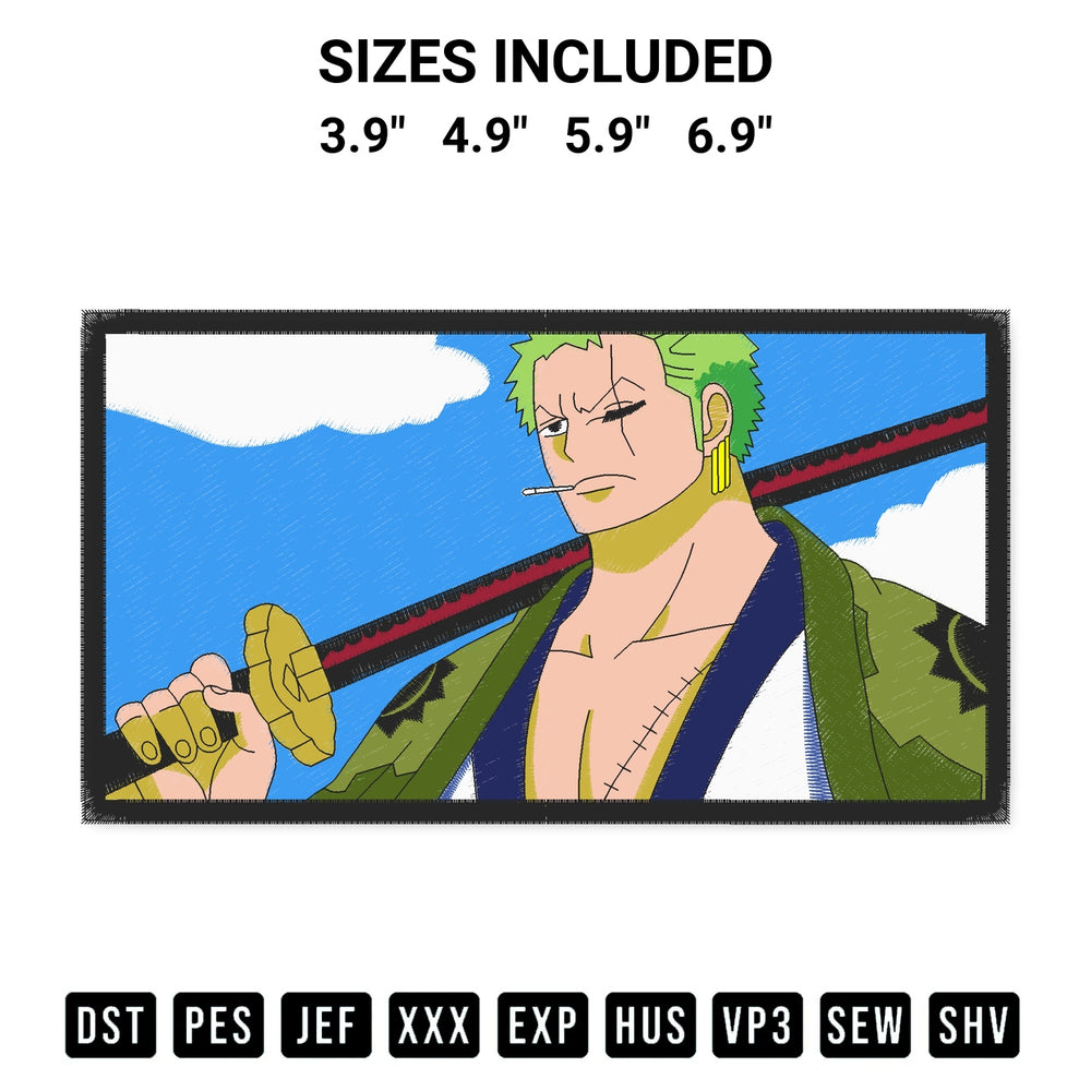 Create amazing crafts with the Zoro One Piece Anime Embroidery Design embroidery file. High-quality digital download from Designspacks.com, perfect for beginners and pros. Available sizes: 3.9", 4.9", 5.9", 6.9".