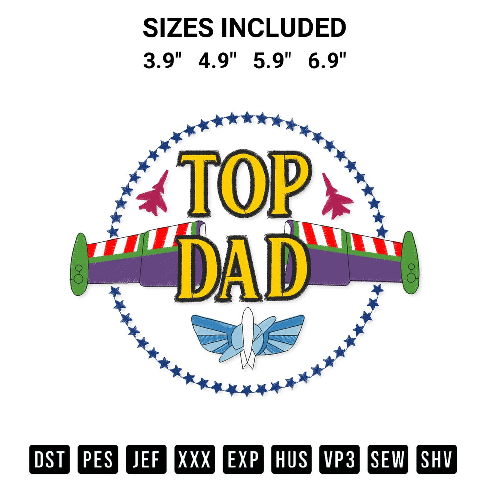 Looking for the perfect pattern? Download the Top Dad Toy Story Embroidery Design embroidery design today at Designspacks.com. Crisp, clean stitching guaranteed. Available sizes: 3.9", 4.9", 5.9", 6.9".