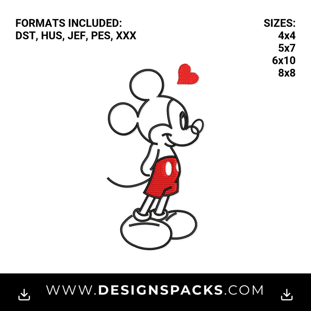 Mickey Mouse with Heart Outline Embroidery Design - Instant digital download pattern at Designspacks.com