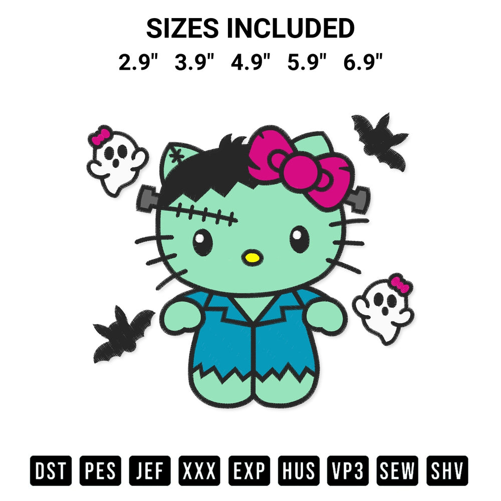 Transform your fabrics with the Halloween Hello Kitty Frankenstein Embroidery Design embroidery design. Instant access to premium digitized patterns at Designspacks.com. Available sizes: 2.9", 3.9", 4.9", 5.9", 6.9".